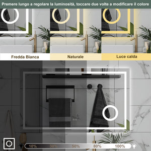 AICA Specchio da bagno  80 x 60 cm, dimmerabile, Blue tooth, Funzione Memoria, antiappannamento, 3 colori, Magnificatore