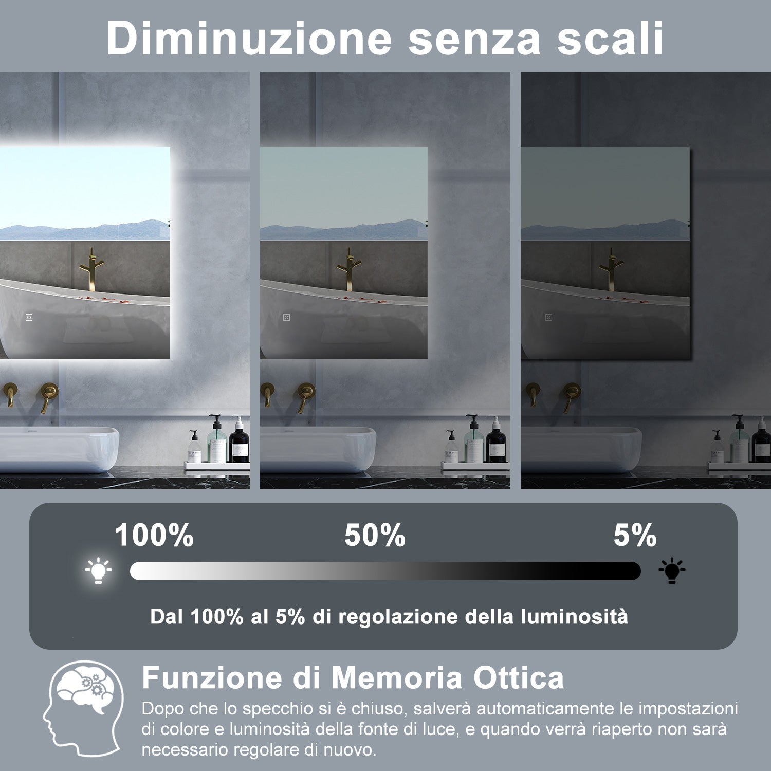 Specchio da bagno Rettangolare con 80x60cm,Memoria, Antifog,Regorabile,Retroilluminato,doppio interruttore,