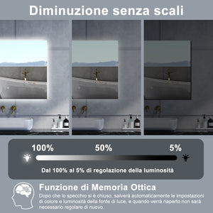 Specchio da bagno Rettangolare con 80x60cm,Memoria, Antifog,Regorabile,Retroilluminato,doppio interruttore,