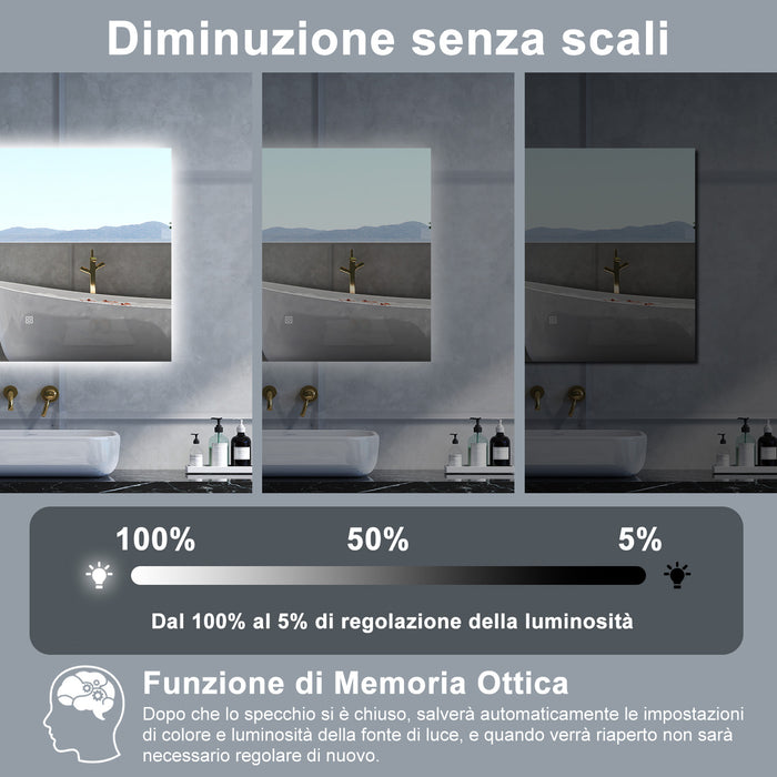 Specchio da bagno Rettangolare con 80x60cm,Memoria, Antifog,Regorabile,Retroilluminato,doppio interruttore,