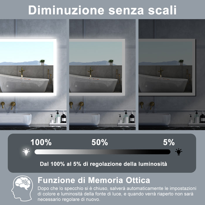 Specchio da bagno Rettangolare con 100x60cm,Memoria, Antifog,Regorabile,Retroilluminato,doppio interruttore,