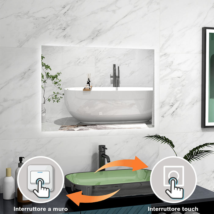 AICA Specchio da bagno 80 x 60 cm, antiappannamento, Regorabile, interruttore touch, Funzione Memoria