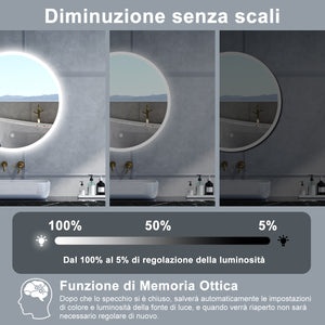 Specchio da bagno Rotondo con 80cm,Memoria, Antifog,Regorabile,Retroilluminato,doppio interruttore,