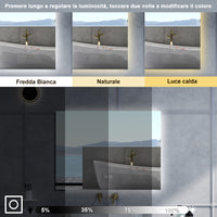 Specchio da bagno Rettangolare con 80x60cm,3 colori,Memoria, Antifog,Regorabile,Retroilluminato,doppio interruttore,