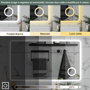 AICA Specchio da bagno  60 x 80 cm, dimmerabile, Blue tooth, Funzione Memoria, antiappannamento, 3 colori, Magnificatore