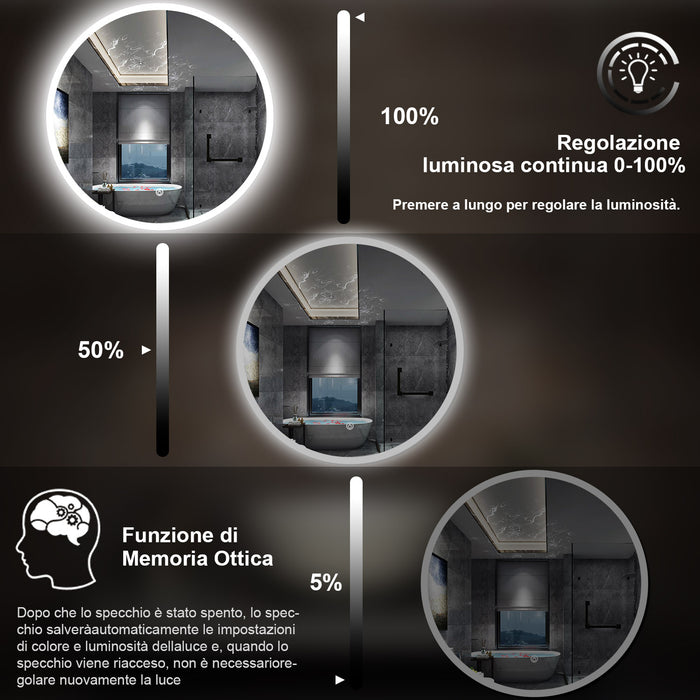 90 x 90 cm,AICA Specchio da Bagno LED con Luce, memoria, antiappannamento,CRI>90,autospegnimento,interruttore touch