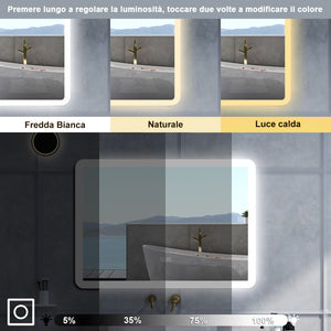 Specchio da bagno Rettangolare con 80x60cm,Blue tooth,3 colori,Memoria, Antifog,Regorabile,Retroilluminato,doppio interruttore,