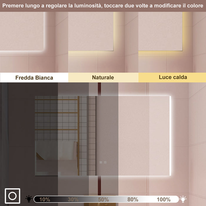 AICA Specchio da bagno 90 x 70 cm, dimmerabile, Funzione Memoria, antiappannamento, 3 colori