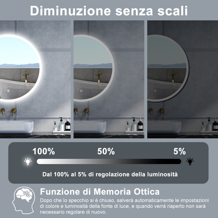Specchio da bagno Rotondo con 70cm,Memoria, Antifog,Regorabile,Retroilluminato,doppio interruttore,