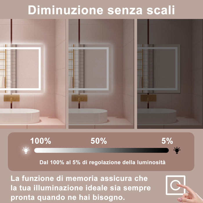 AICA Specchio da bagno  100 x 60 cm, dimmerabile, interruttore touch, Funzione Memoria, antiappannamento