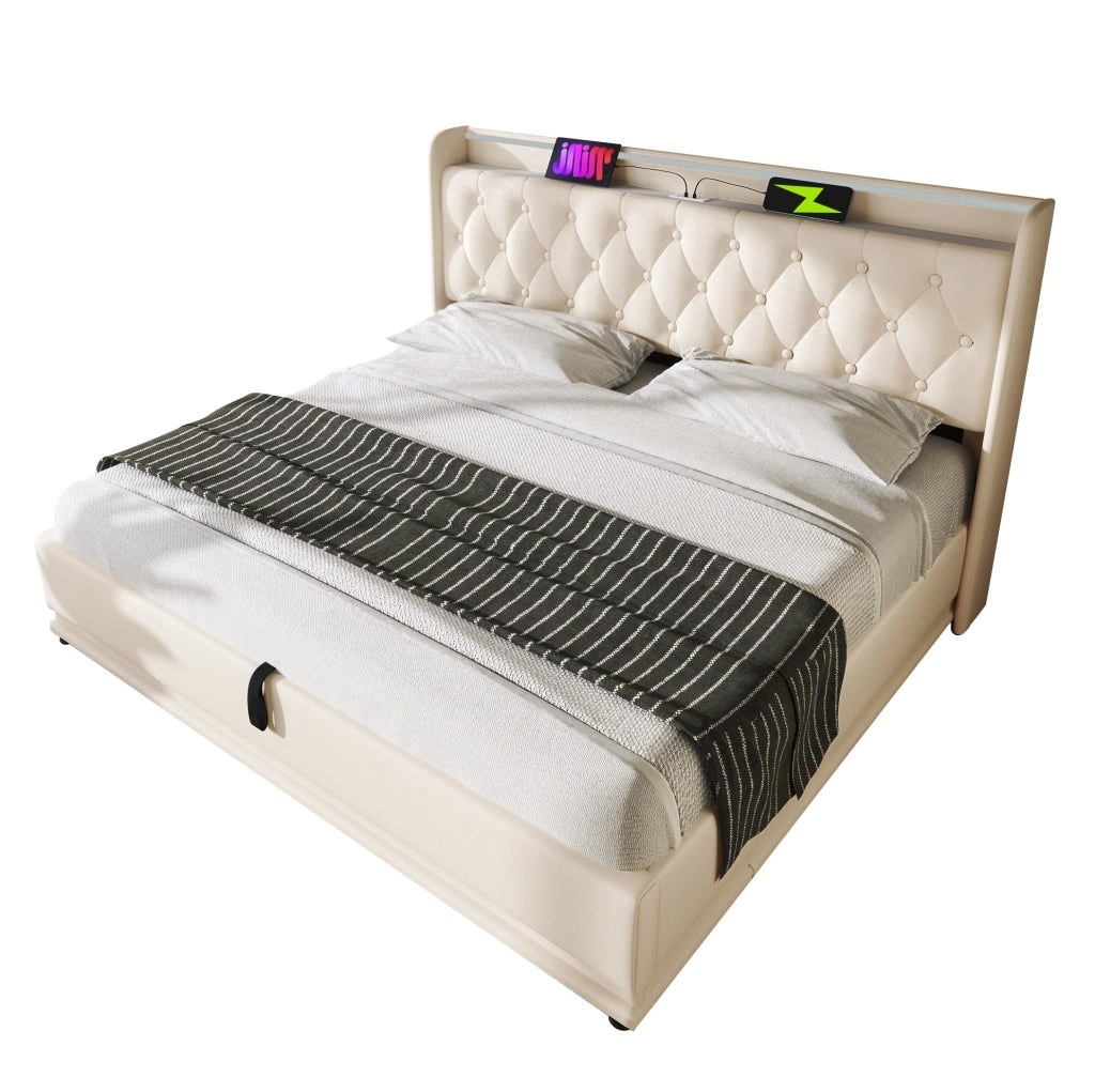 Letto matrimoniale imbottito 140x200 cm in PU bianco con LED 360掳; USB-C e contenitore idraulico