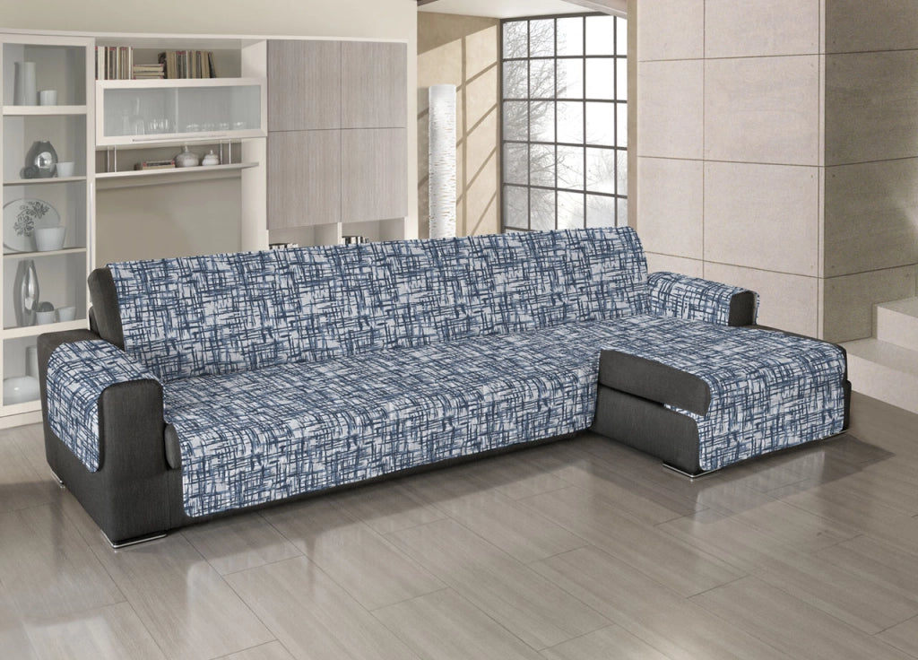 Copridivano Trapuntato Antimacchia Per Divani Con Penisola Dis. Reticolo - 280-285 cm - Blu