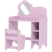 Toeletta per bambini con sgabello, specchio a forma di fiore e ripiani aperti, 3-8 anni, Viola