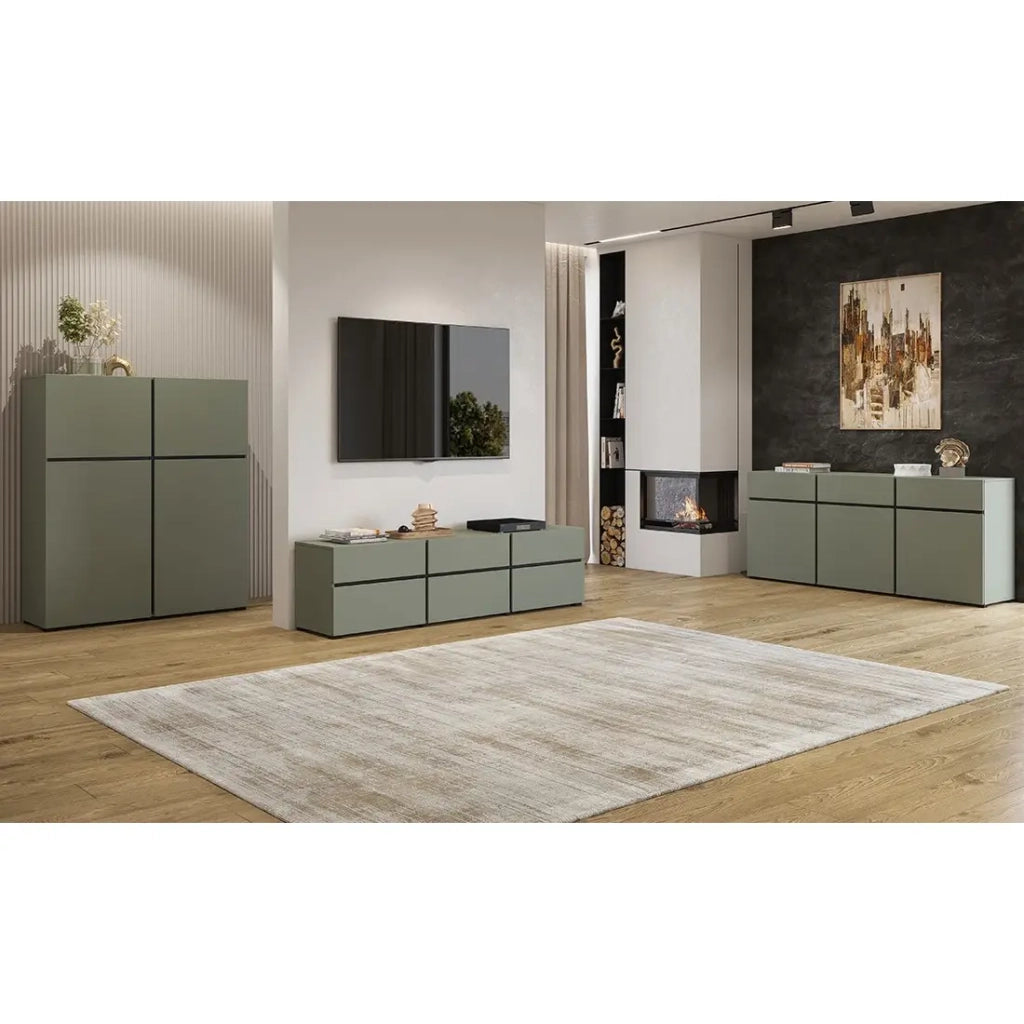 Mobile TV colore verde salvia 180cm collezione HAVANA. Mobile design con 3 porte e 3 cassetti.