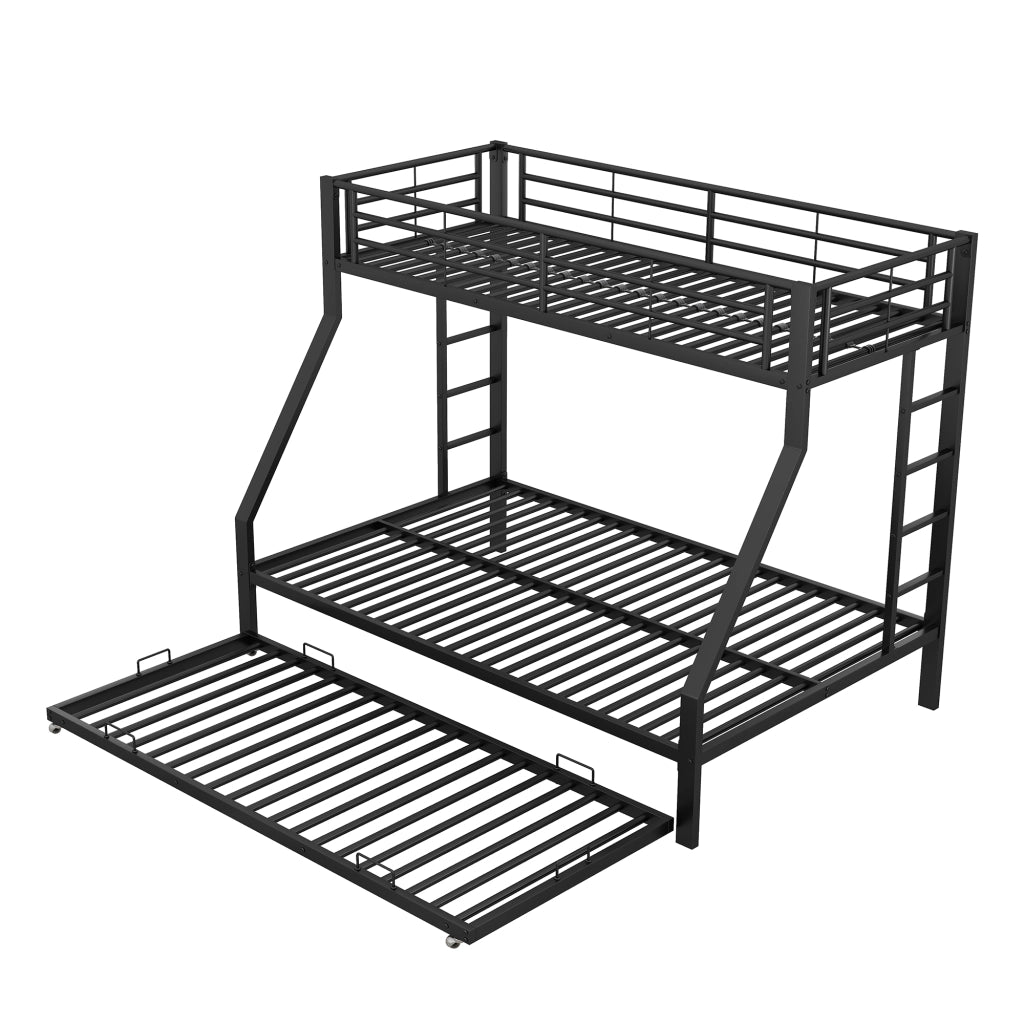 OKWISH Letto a Castello 90×200 cm e 140×200 cm, Letto 3 Posti con Letto Estraibile, 2 Scale e Sponde, senza Materasso, in Metallo, Nero