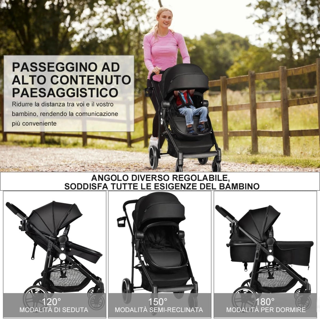 2 in 1 Passeggino per Bambini, Passeggino Pieghevole con Sedile Reversibile, Schienale Regolabile, Passeggino Leggero con Cintura di Sicurezza, Copertura, per Bambini 0-3 Anni (Nero)