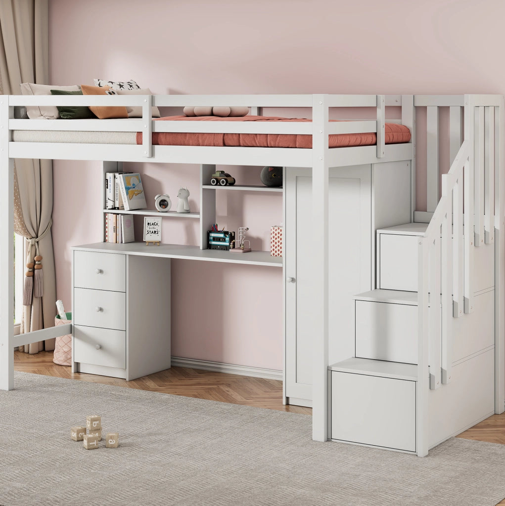 Letto a castello multifunzionale con scrivania, armadio e scale, 90x200 cm
