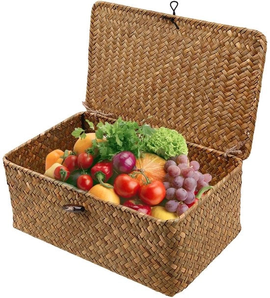 Cestino di conservazione rettangolare con coperchio - 23 x 13 x 8 cm - 100% paglia di zucchero naturale - Cestino per bagno/ cucina