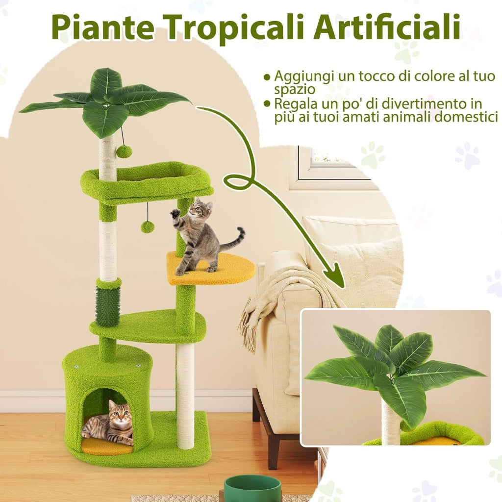 Albero per Gatti, Tiragraffi per Gattini a Tema Foresta con Foglie Artificiali, Condominio, Postazione Imbottita, Pali per Graffiare in Sisal e Pompom, Albero Tiragraffi per Gatti da Interno