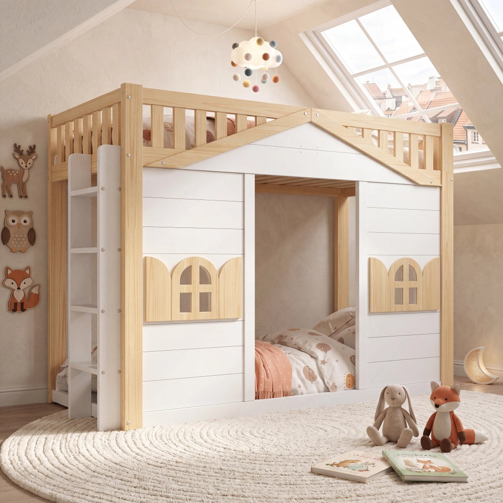 Letto a Soppalco 90x200 cm; Letto Singolo con finestra e scala reversibile in legno bianco