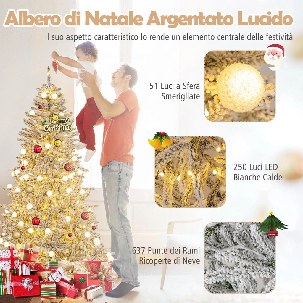 Albero di Natale Innevato 180/210cm, Albero di Natale Artificiale Pre-illuminato con 250/350 Luci LED Bianche Calde, 51/65 Sfere Luminose 637/1273 Rami, Telecomando e Timer (180 cm)