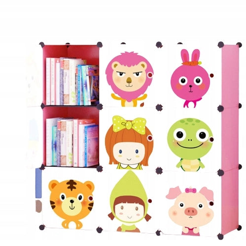 Scaffale guardaroba per bambini, modulare e colorato, perfetto per vestiti e giocattoli.