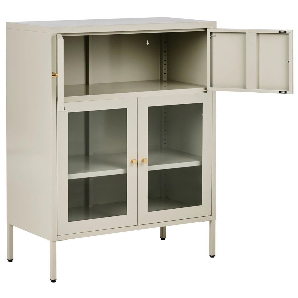 Vetrina in ferro beige chiaro con 2 ante in vetro e 2 scomparti chiusi in stile scandinavo
