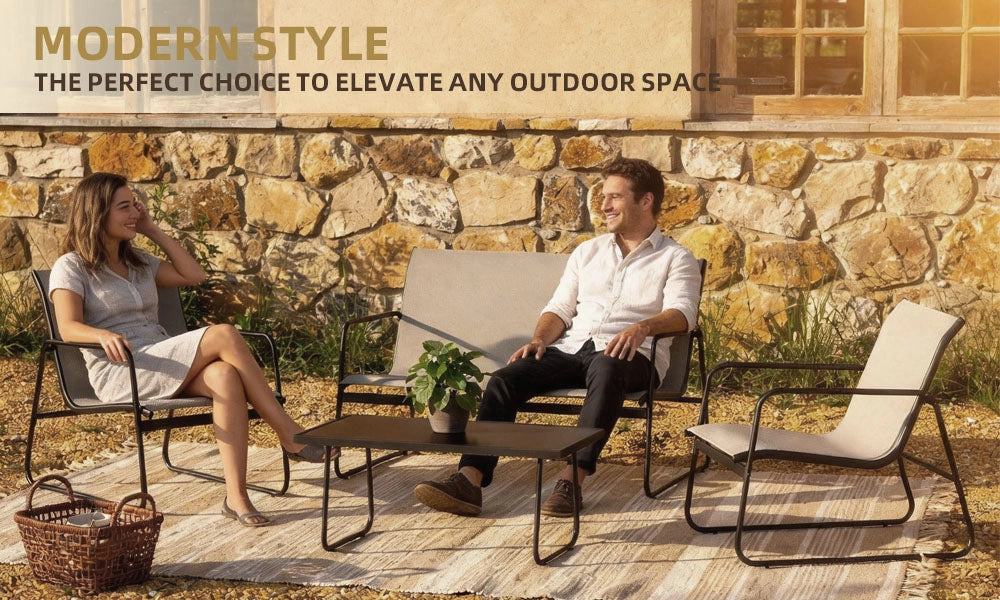 Set di mobili da giardino composto da 4 pezzi, set da bistrot con 2 sedie, 1 divano e 1 tavolino, mobili con struttura in metallo (grigio)