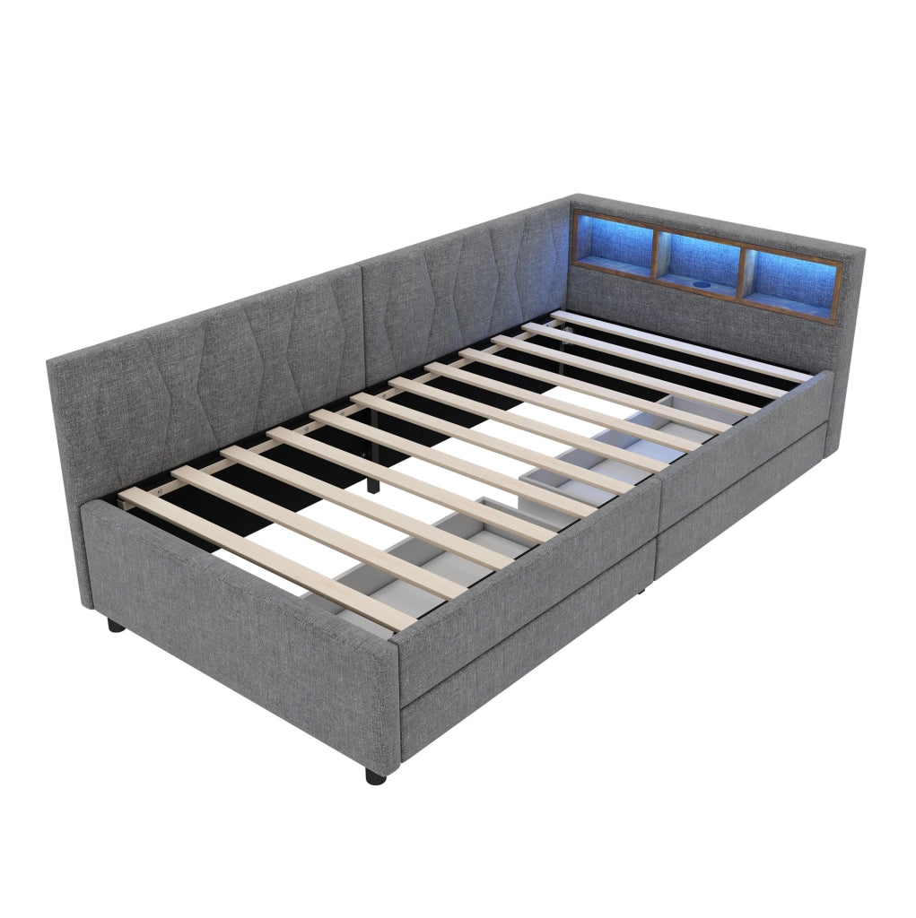 Divano letto 90x200 cm con LED; USB e Type C; in lino e MDF grigio (Senza materasso)