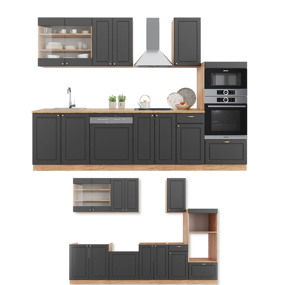 Cucina componibile Fame-Line Antracite rustico/Rovere dorato 300 cm con armadio alto, PL Antracite Vicco