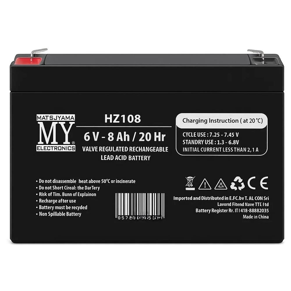 Batteria piombo 6v 8ah agm matsuyama hz108 sigillata faston 4.8mm