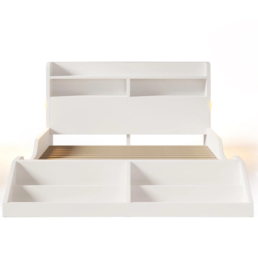 Letto legno-Xylo-140x200cm ripiani luci biblioteca bianco senza materasso