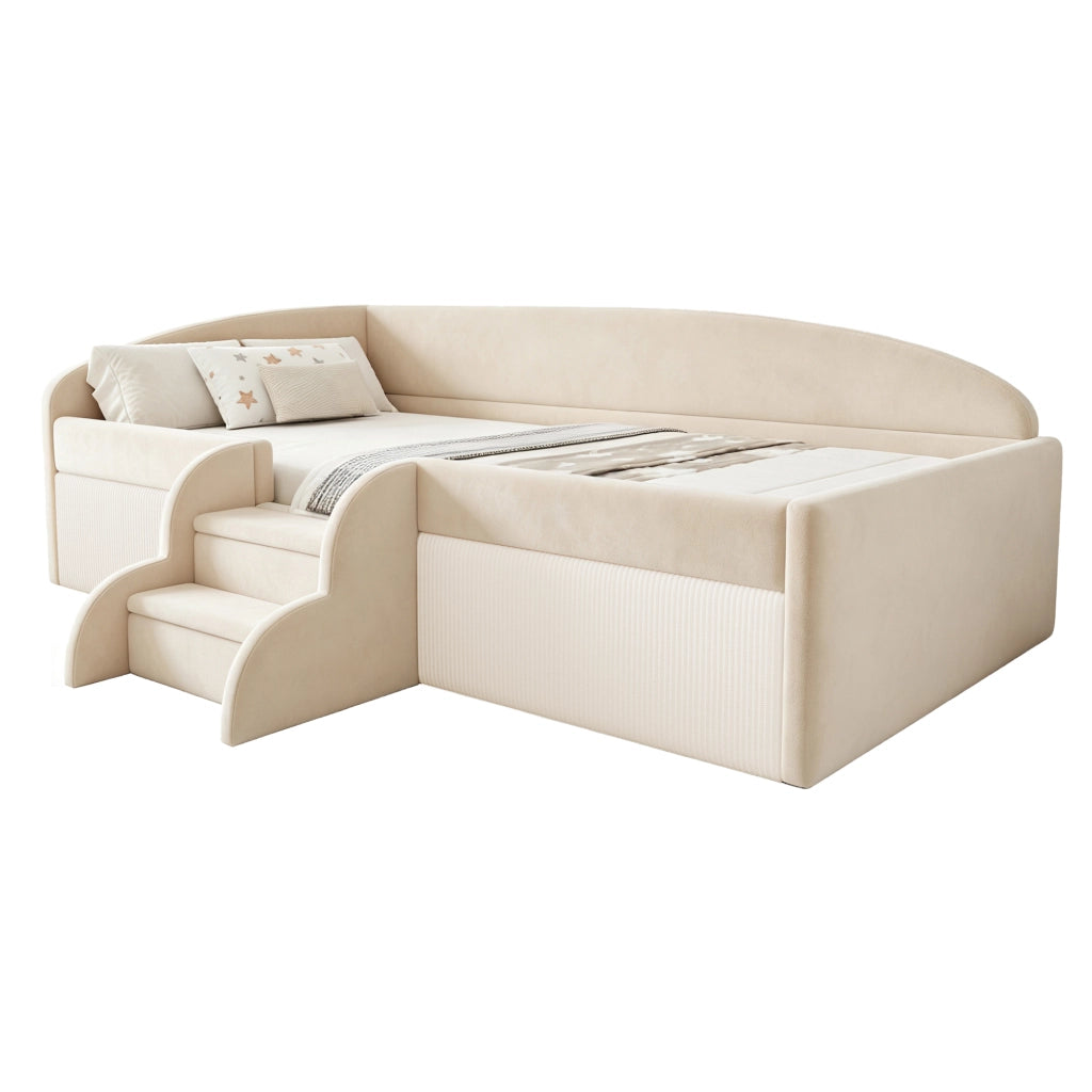 Letto imbottito per bambini 90x190 cm con gradini e sponde in velluto beige