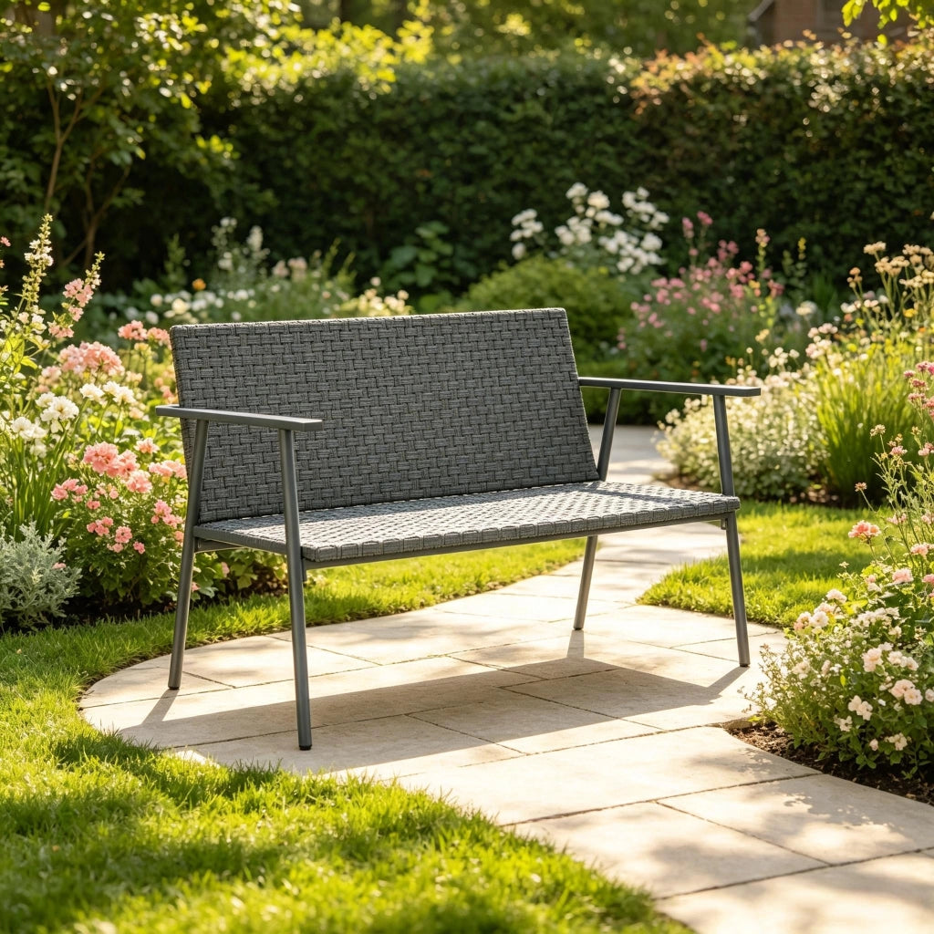 PANCA DA GIARDINO 110x58x78 cm in resina intrecciata e acciaio grigio