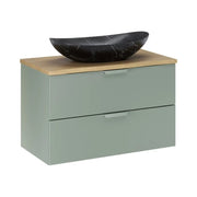 Set OSTER 80cm: mobile con cassetti verde salvia + piano per lavabo + lavabo da appoggio nero striato bianco