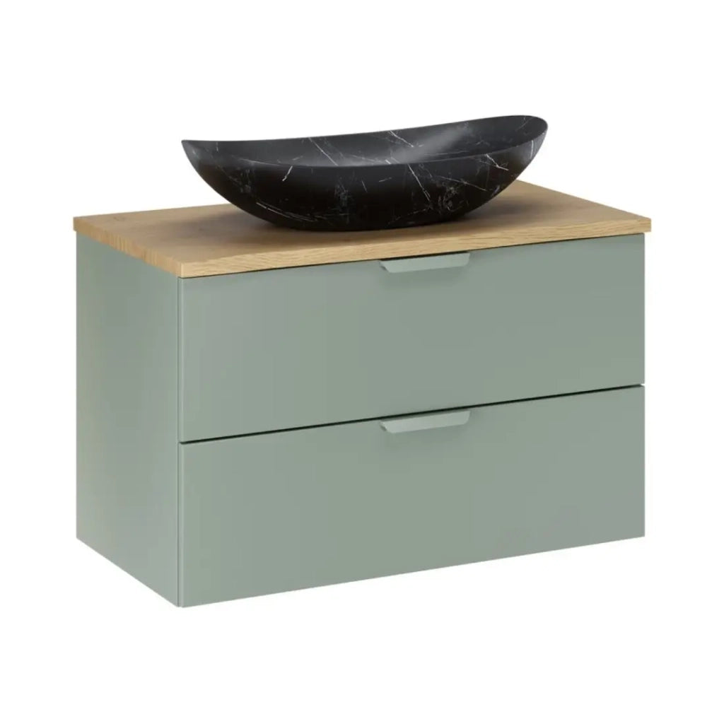 Set OSTER 80cm: mobile con cassetti verde salvia + piano per lavabo + lavabo da appoggio nero striato bianco