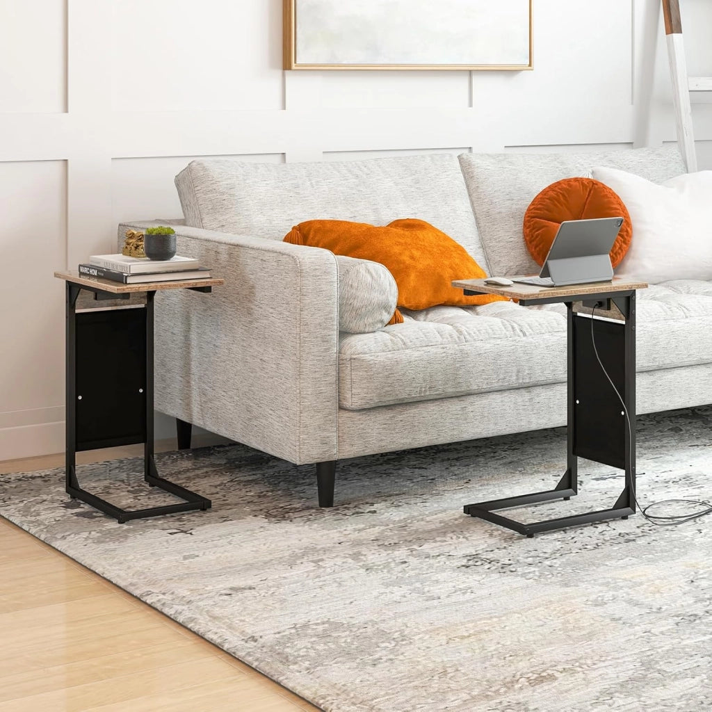 Set di 2 tavolini a forma di C con stazione di ricarica, estremità del divano con borsa laterale, 2 prese e 2 porte USB, comodino, per soggiorno, camera da letto, 40 x 30 x 60 cm