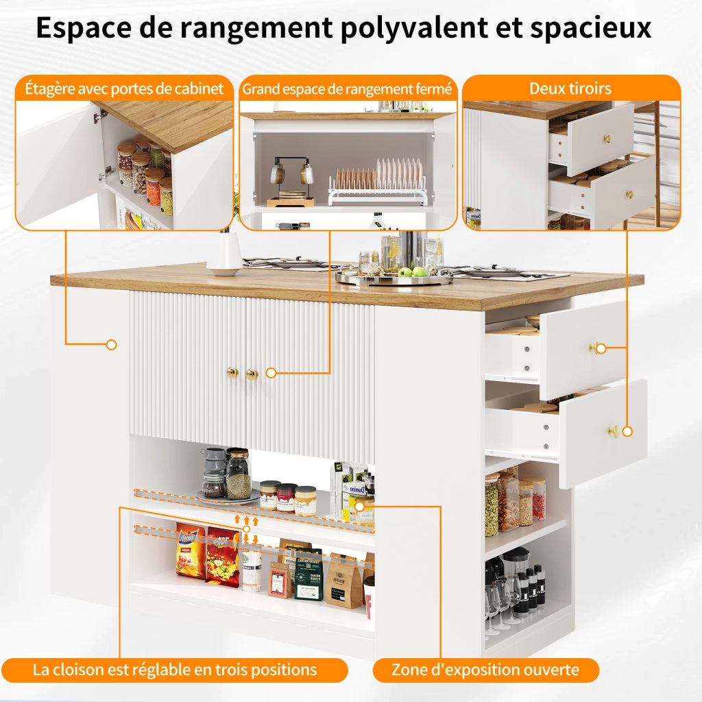 Isola da Cucina con 2 Ante; Cassetti; Ripiani Regolabili e Piano Pieghevole; in MDF e Metallo; Bianco