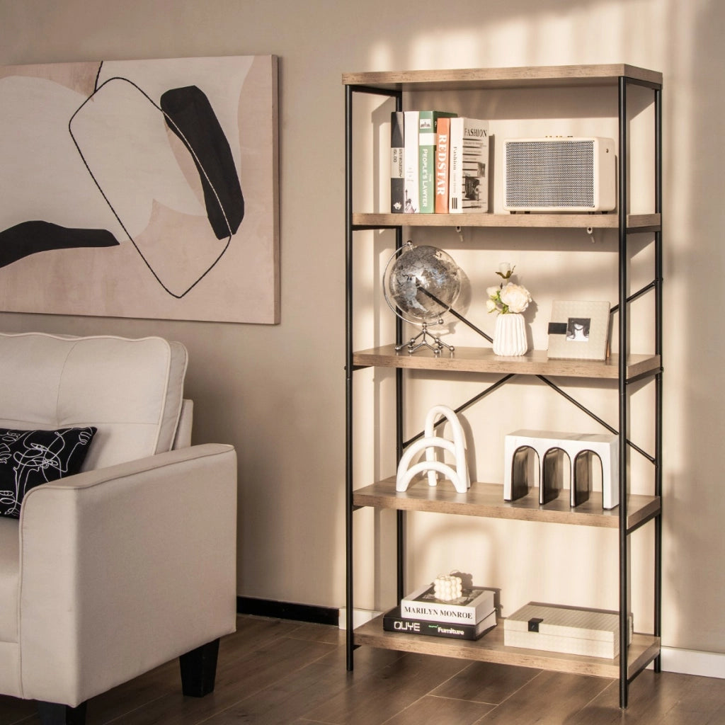 Libreria a 5 piani in legno con struttura in metallo, Libreria industriale per soggiorno e l'ufficio Grigio-Librerie
