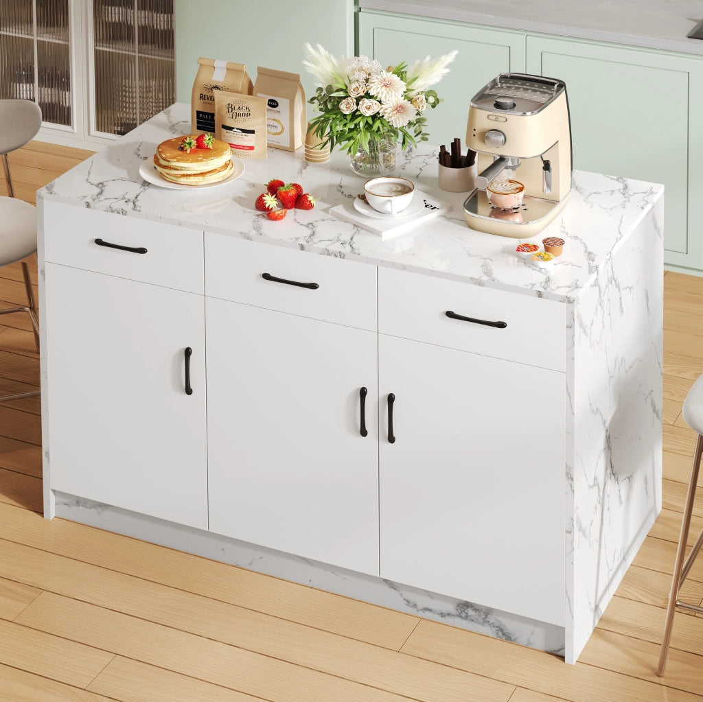Isola da cucina 120x60x90.5 cm con bar integrato; 3 cassetti e 3 ante; MDF bianco marmo