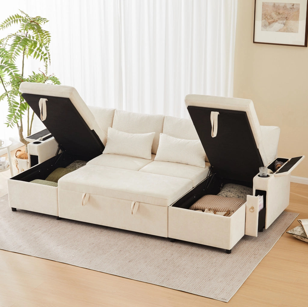 Divano letto modulare ULEVR a U 272x131x84 cm, 4 posti, con contenitore e portabicchieri, beige
