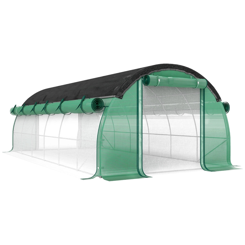 Serra tunnel 6 x 3 x 2 m in plastica verde con rete ombreggiante, porta arrotolabile, finestre e telaio in acciaio zincato