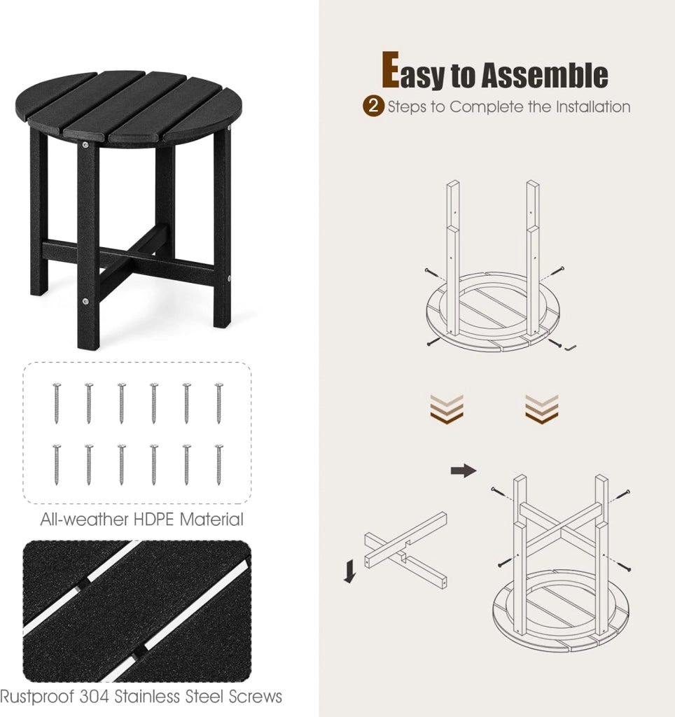 Tavolino da giardino, tavolino rotondo in HDPE, interno ed esterno, tavolo laterale, carico 150 kg, per giardino, balcone, terrazza, patio, φ46 x 46 cm (H) (nero)