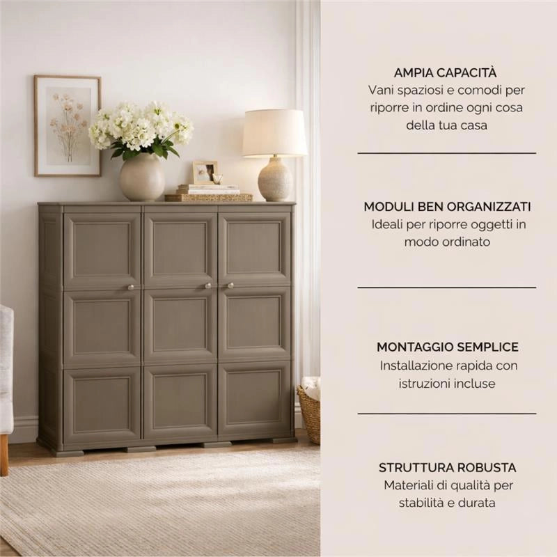 ARMADIO 3 ANTE WENGÉ 118X43X125 CM CON PUNTALI, SOLUZIONE ORGANIZZAZIONE CASA SALVASPAZIO PER ZONA GIORNO E INGRESSO