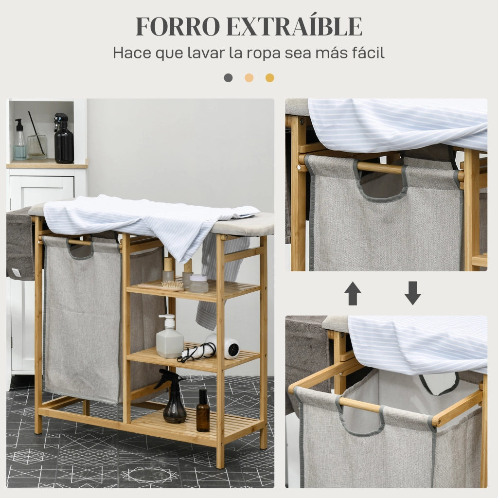 Cesto Ropa Sucia con Tavolo da Stiro e Scaffali ¨C Zephmum ¨C 113x34x82 cm Naturale