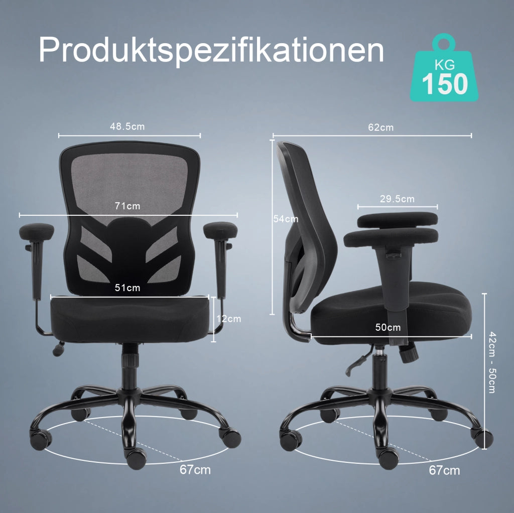 Sedia ergonomica da ufficio nera con supporto lombare regolabile e braccioli 2D
