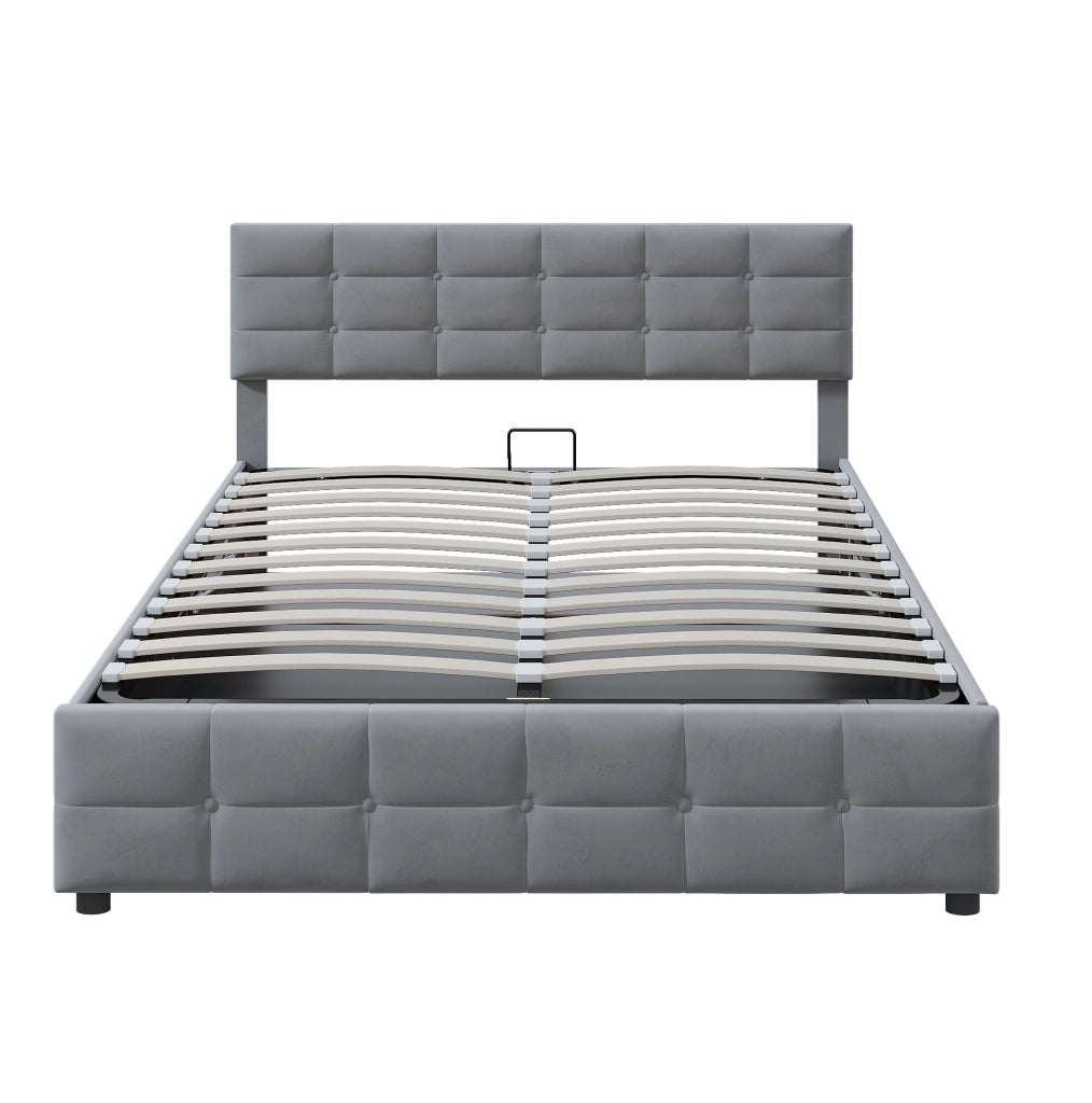 Letto imbottito modulare 180x200 cm con rete a doghe e sollevamento idraulico; velluto grigio