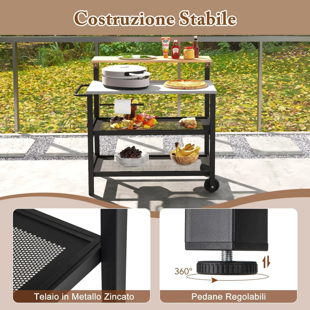 Carrello per Barbecue con 3 Ripiani e Tavola Ribaltabile, Carrello da Cucina con Ruote e 6 Ganci, Carrello Porta Griglia Multiuso in Ferro Zincato, per Interno ed Esterno, 116 x 55 x 130 cm