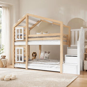 DESMIU Letto a castello casetta 90 × 200 cm 2 posti con scala contenitore, senza materasso, naturale e bianco