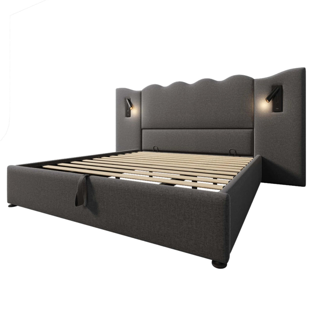 Letto imbottito 180x200 cm con contenitore e lampada da lettura in lino grigio
